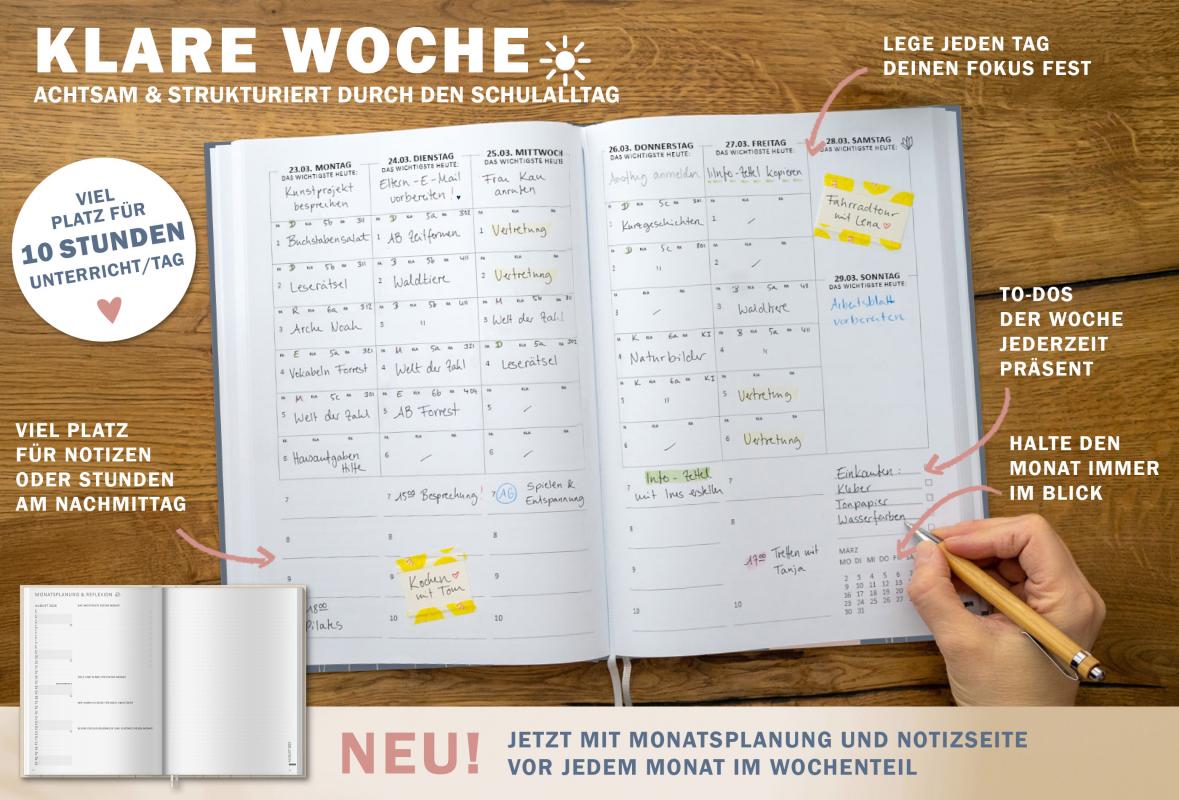 Detailansicht Wochenplanung Lehrerkalender 2025 2026 mit Jahresübersicht, Stundenpläne, Klassenliste, blau rosa
